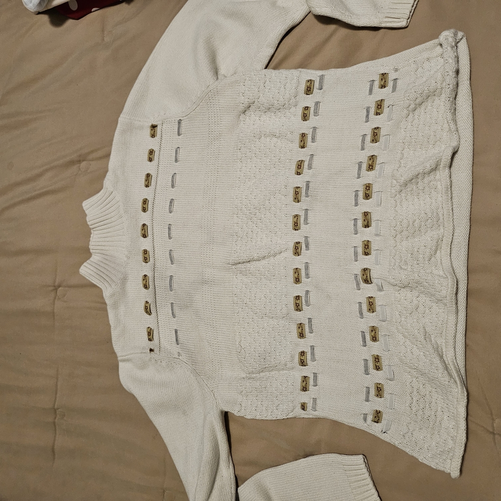 Cream Crew Neck Sweater with Open-Work Pattern